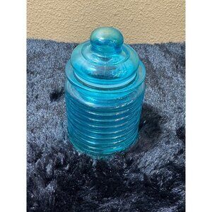 Vintage Blue Ribbed Honey Comb Glass Storage Jar With Lid
